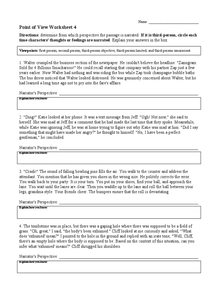 Point of View Worksheet 11  Narration With Regard To Point Of View Worksheet