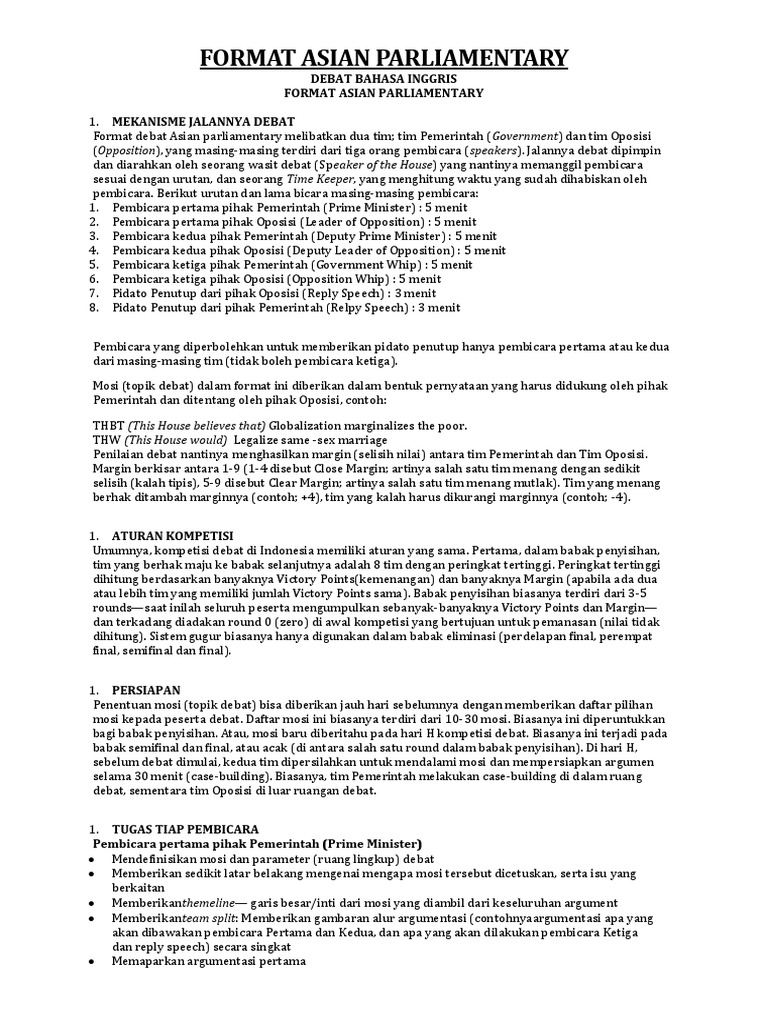 Format Debat Asian Parliamentary | PDF | Karier & Perkembangan | Kajian ...