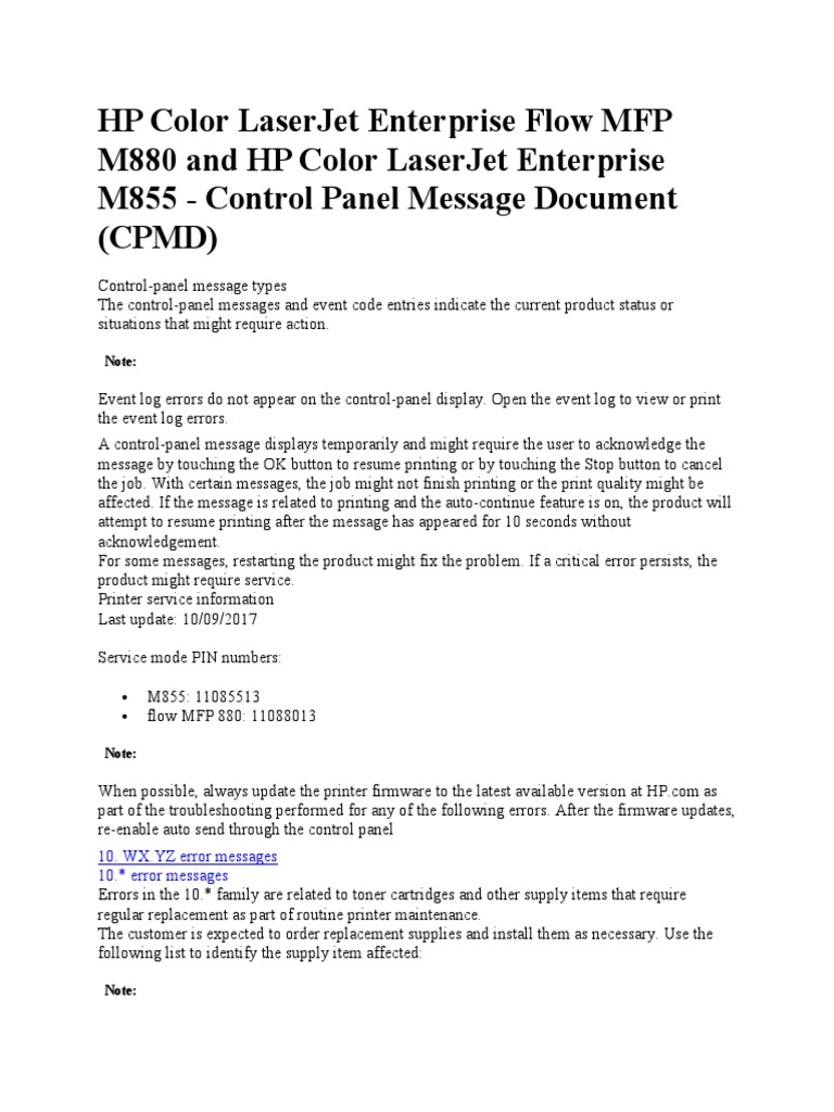 HP m880 m855 Error Codes PDF Printer Office Work