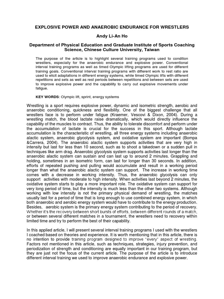 Explosive Power and Anaerobic Endurance For Wrestlers Andy LiAn Ho