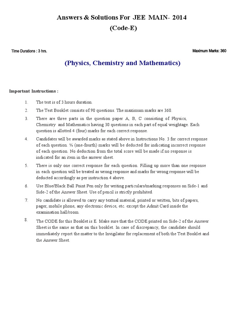 JEE Main 2014 Code E Solutions | PDF | Polarization (Waves) | Light