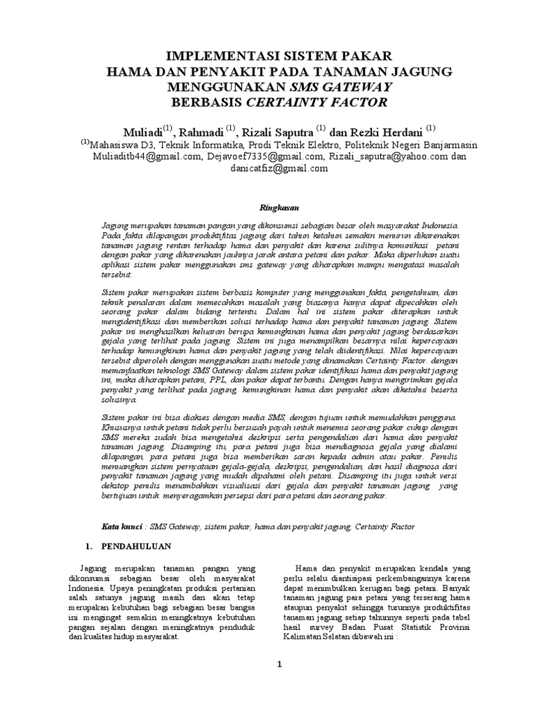 Sistem Pakar Tanaman Jagung Berbasis Cf Jurnal Pdf