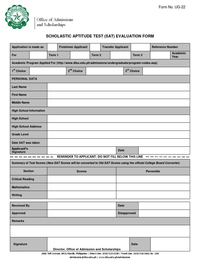 Scholastic Aptitude Test (Sat) Evaluation Form: Reminder To Applicant ...