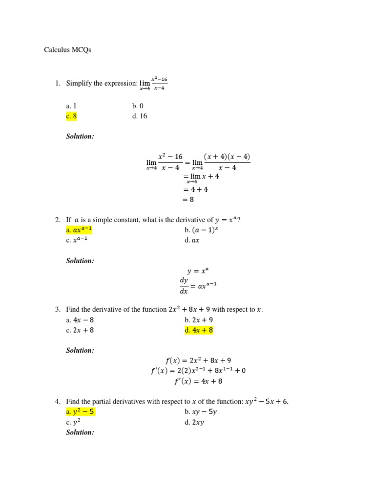 Calculus MCQs with Solutions | PDF | Derivative | Slope