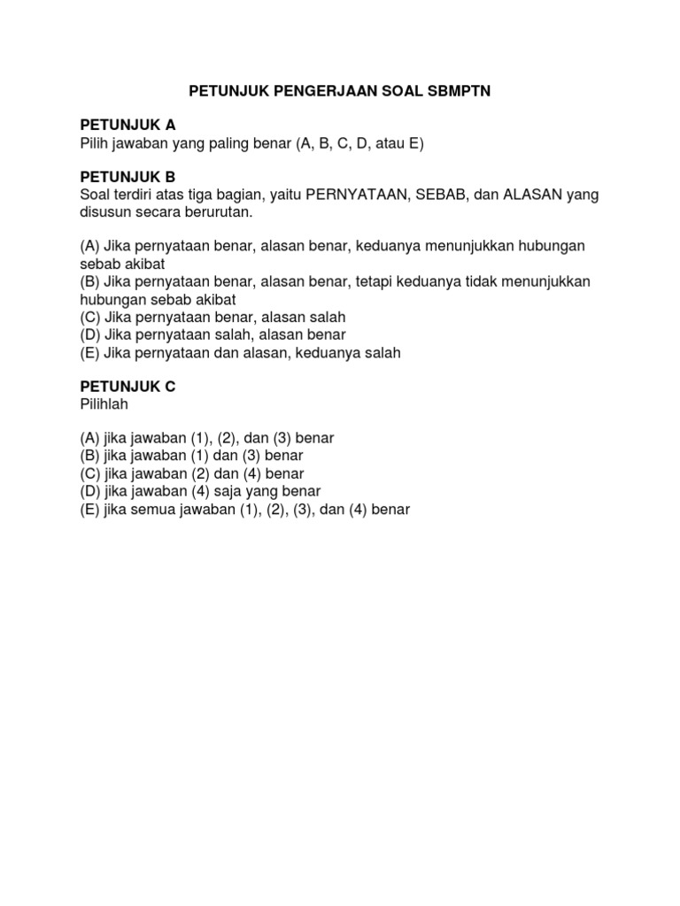 Petunjuk Pengerjaan Soal Sbmptn Pdf