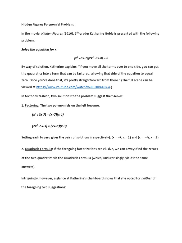 Hidden Figures Polynomial Solutions | PDF