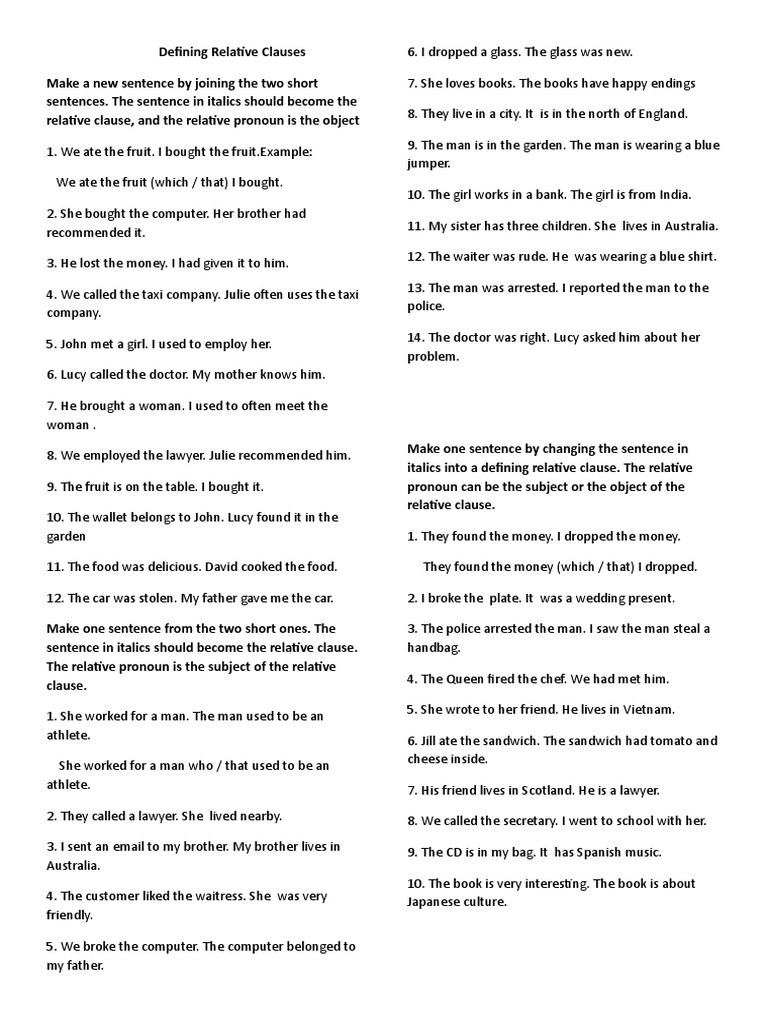 Defining Relative Clauses Exercises | PDF | Syntax | Grammar
