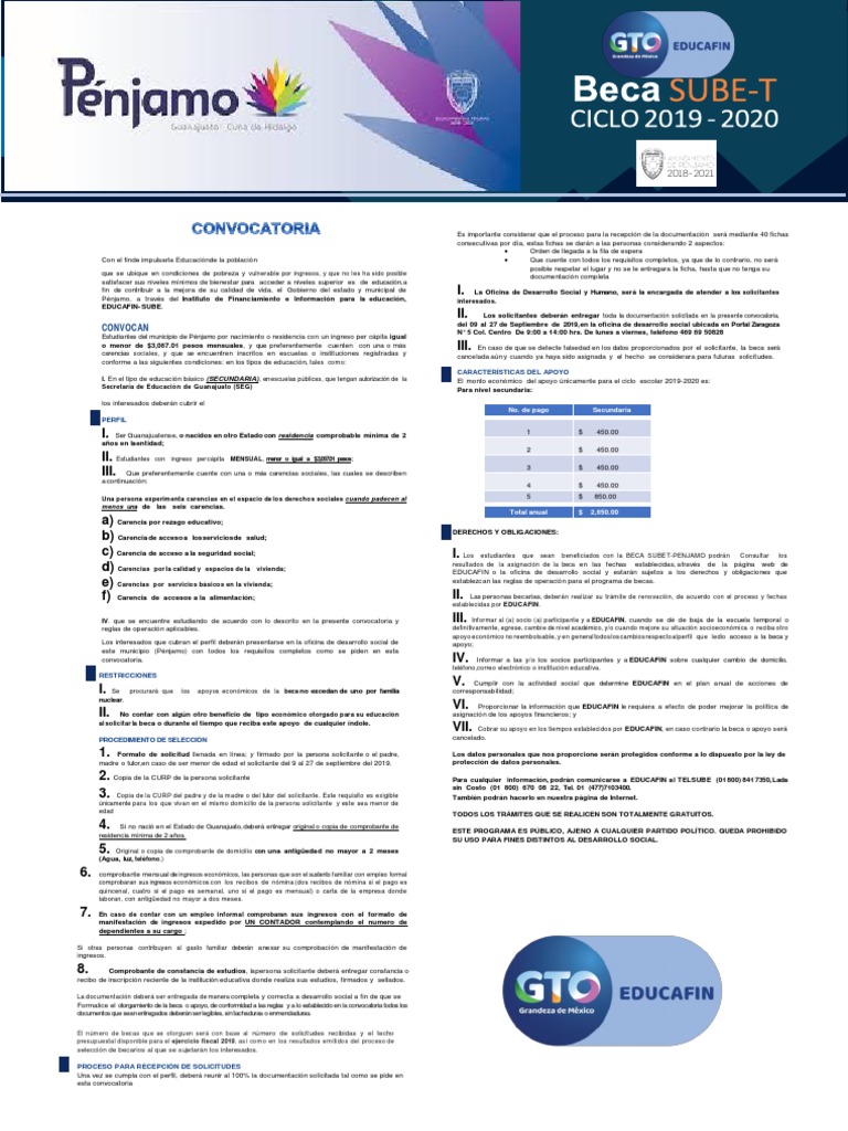 Beca SUBET Ciclo 20192020 Pénjamo Educación Secundaria