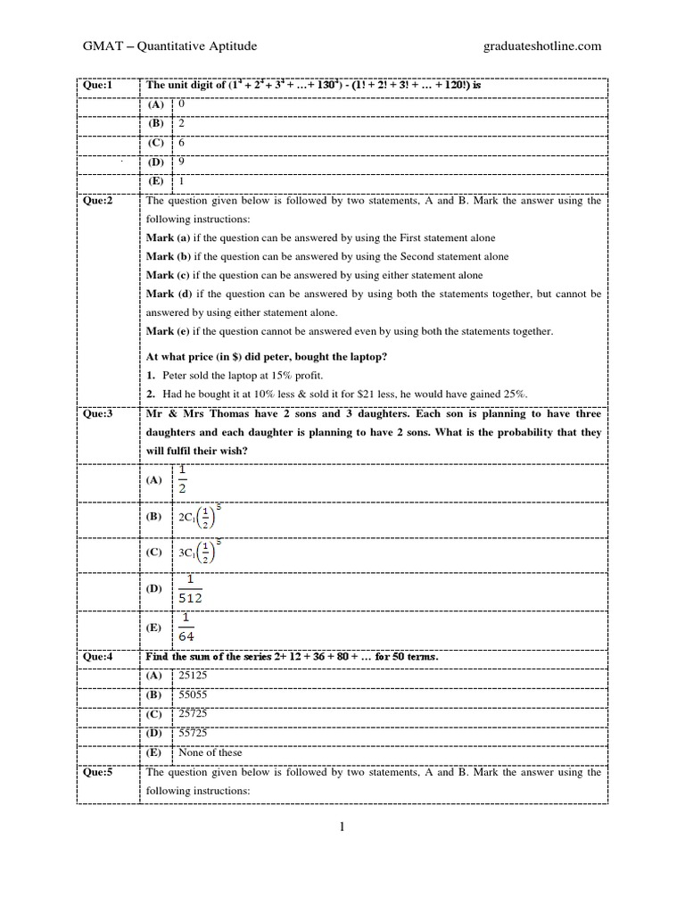 GMAT Quant Test1 Graduateshotline | PDF | Area | Question