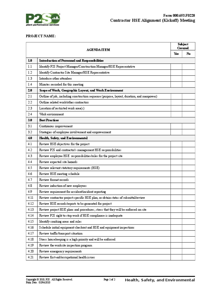 Cont HSE Alignment Kickoff Meeting F0228 | PDF | Prevention ...