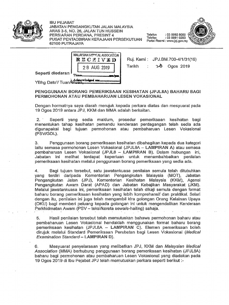 Penggunaan Borang Pemeriksaan Kesihatan Jpjl8a Baharu Bagi Permohonan Atau Pembahruan Lesen Vokasional 20hb Ogos 2019 Pdf