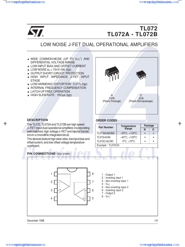 Pack 20 Unidades TL072CN 20 Unidades De Amplificadores Operacionales TL072CN - Bajo Ruido, JFET, Doble, Envoltura DIP-8 Amplificador Operacional Tl072cn