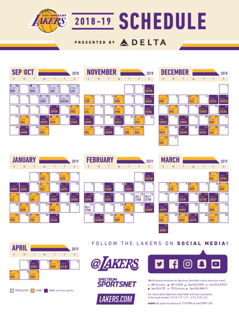 Lakers Schedule 2019 2020 PDF National Basketball Association