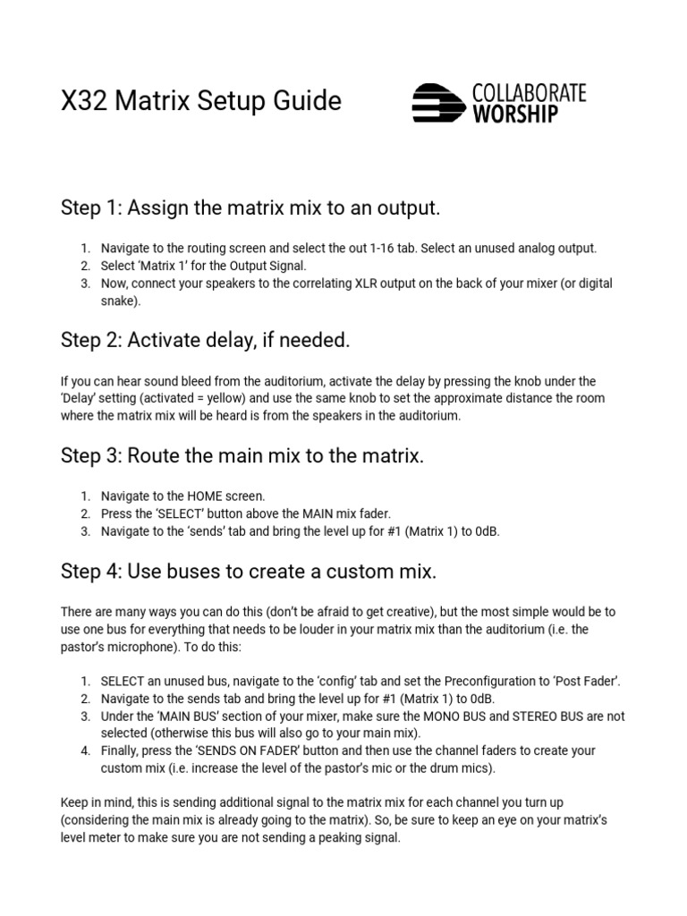 X32 Matrix Setup Guide Step 1 Assign The Matrix Mix To An Output PDF Equalization (Audio