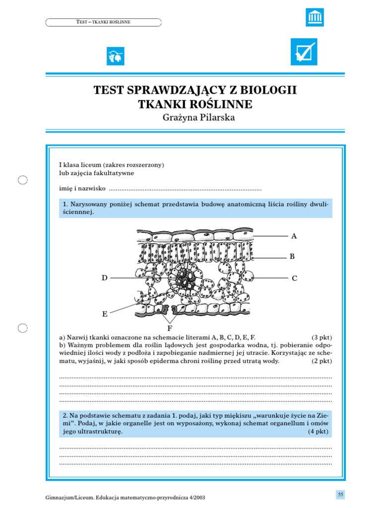 Tkanki Roślinne Test Klasa 5