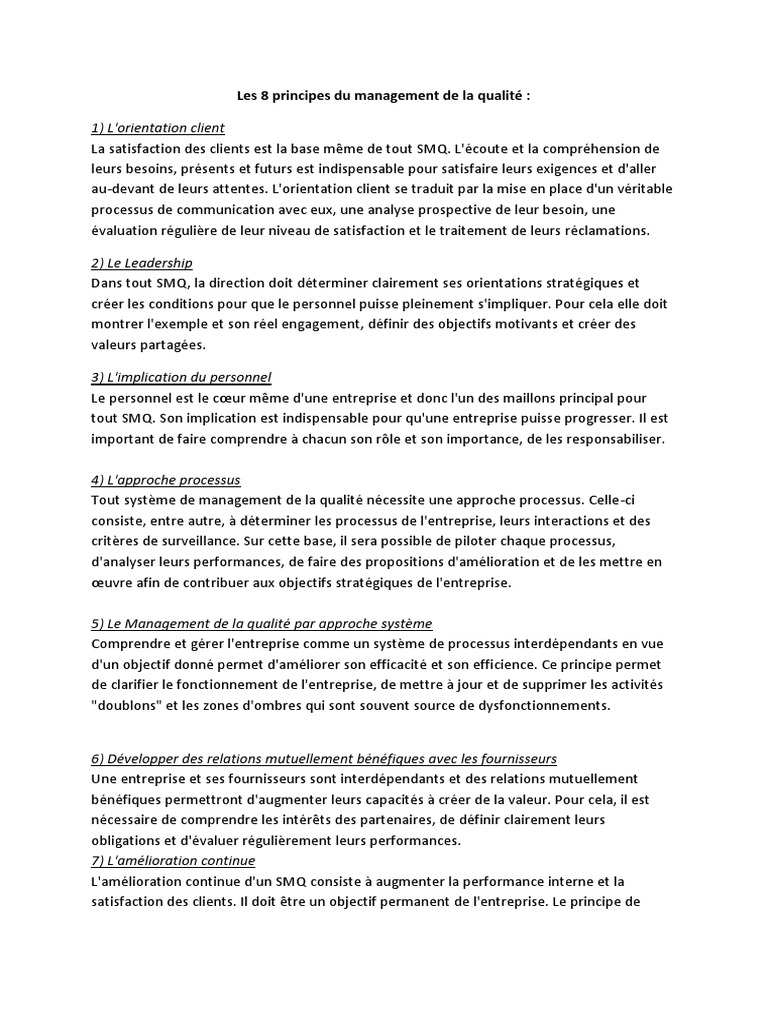 Les 8 principes du management qualité | PDF | Management de la qualité ...