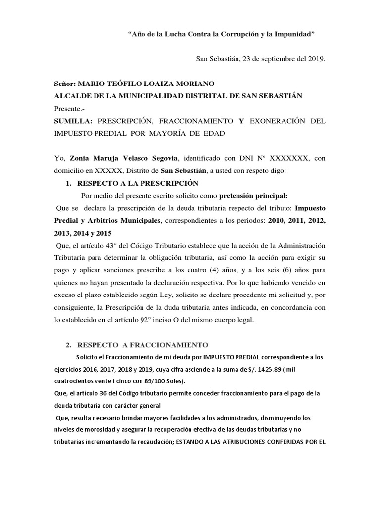 Exoneracion de Pago de Impuesto Predial Docx Estatuto de limitaciones