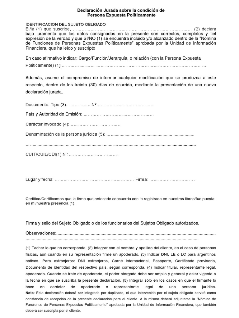 Declaracion de Persona Expuesta Politicamente PDF PDF Argentina