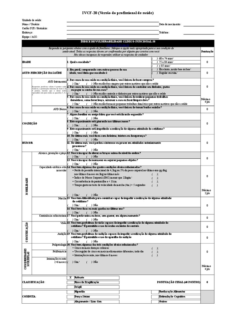 Ficha de Avaliação IVCF-20 para Idosos | PDF | Índice de massa corporal ...