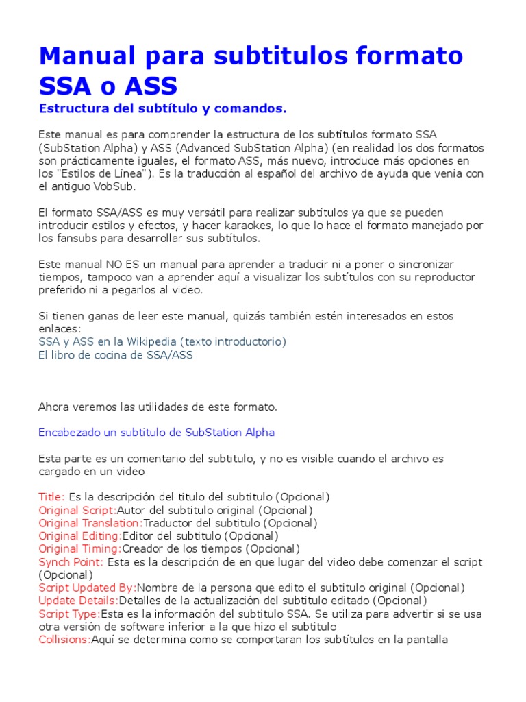 Manual de Subtítulos SSA/ASS | PDF | Informática y tecnología de la ...