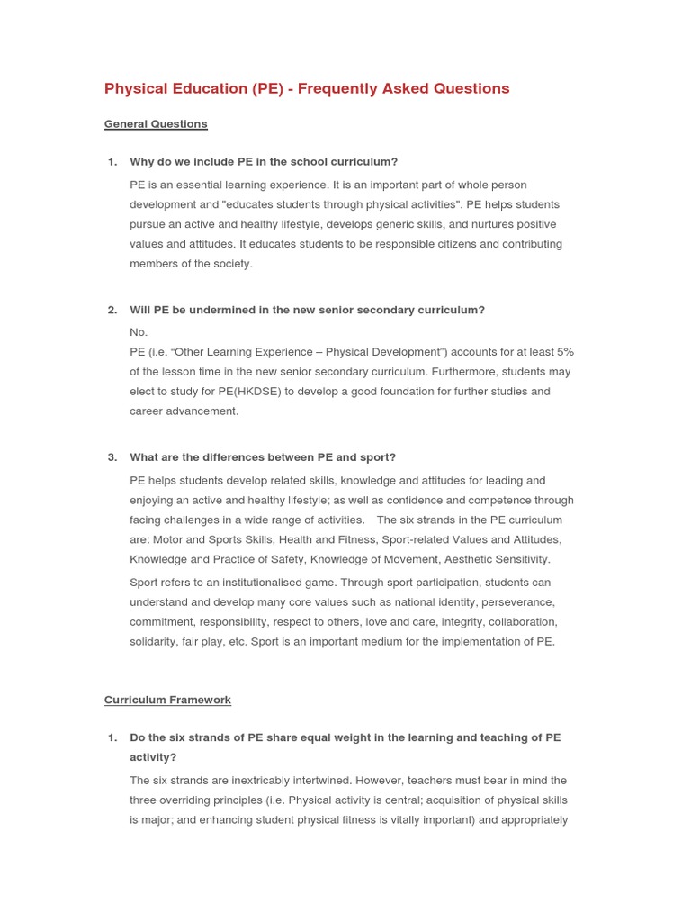 Physical Education (PE) - Frequently Asked Questions | PDF | Physical ...