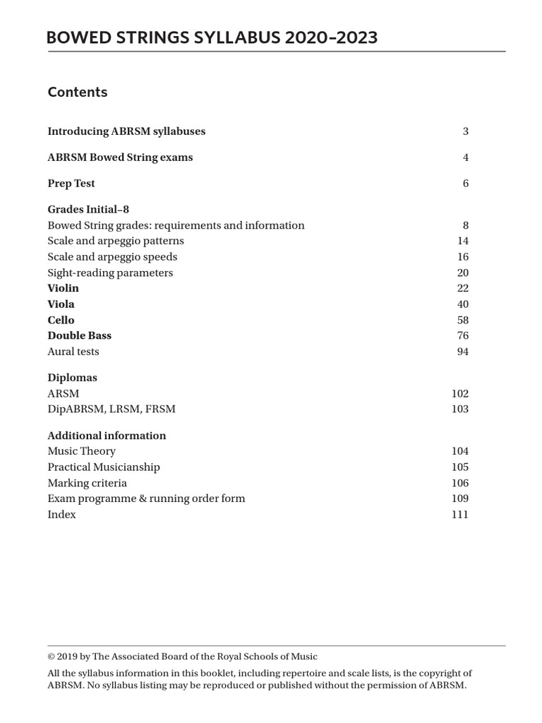 Bowed Strings 2020 Syllabus Online Rev3 June 19 Pdf String Instruments Test Assessment