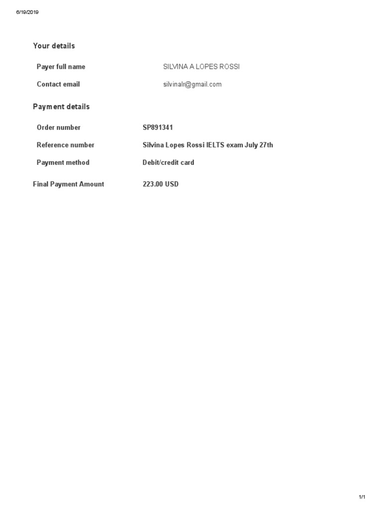 Receipt for IELTS Exam Payment on July 27th by Silvina Lopes Rossi | PDF
