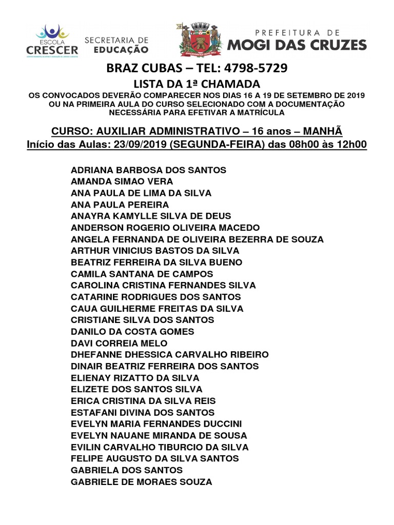 Lista de 1 Chamada Braz Cubas (12!09!2019) PDF