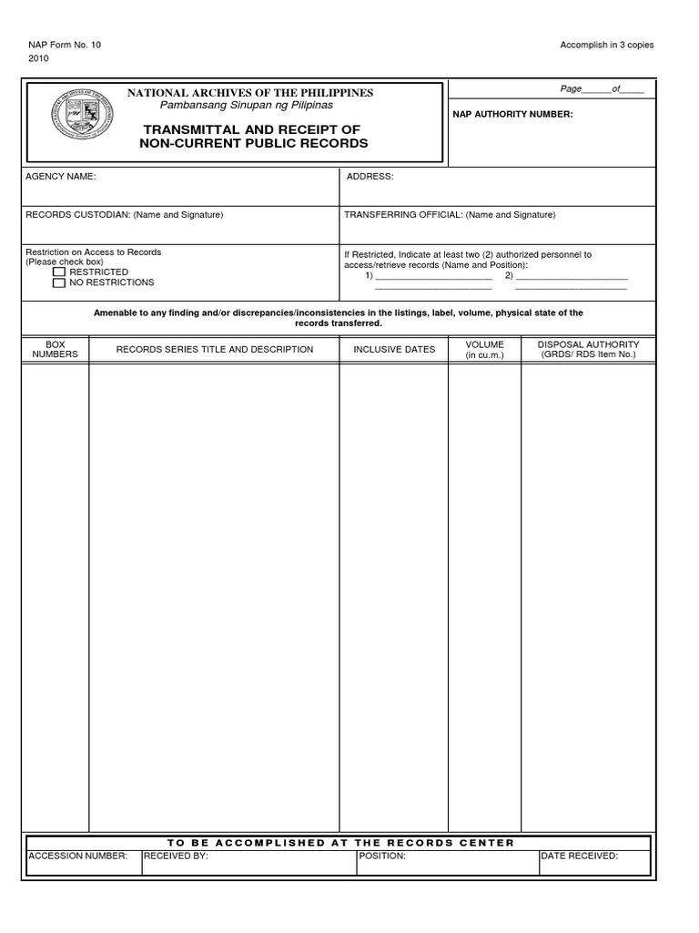 NAP Form No. 10: Transmittal of Records | PDF | Sources | Information ...
