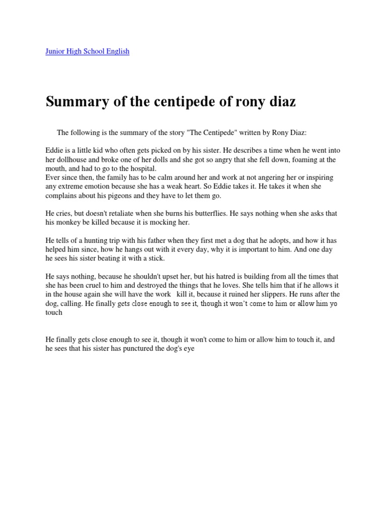 Summary of The Centipede of Rony Diaz Junior High School English PDF