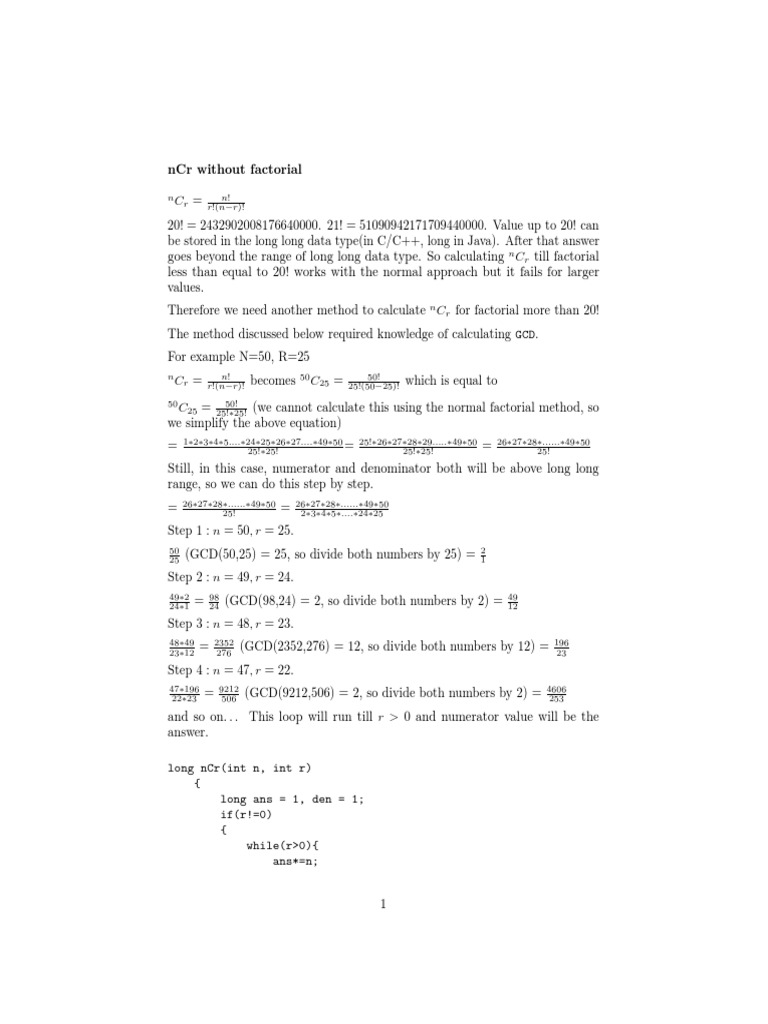 An Efficient Method to Calculate nCr Combinations for Large Values