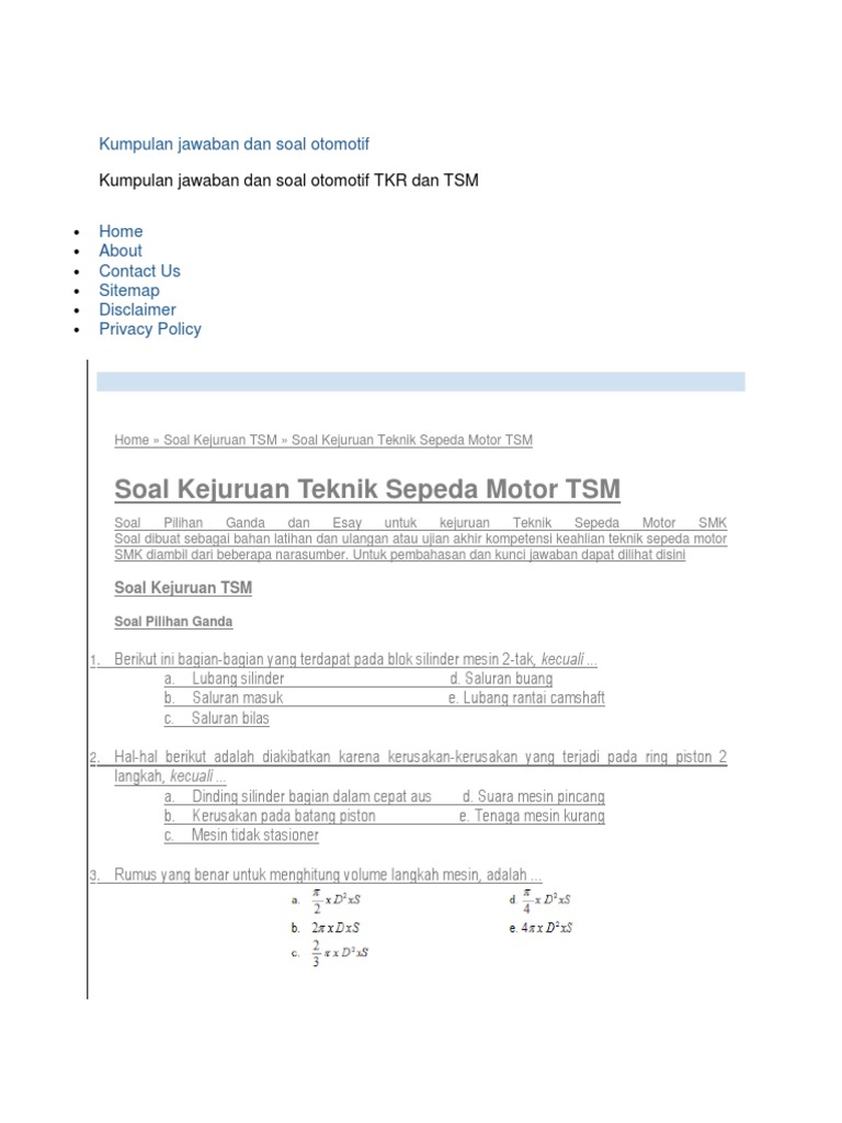 Soal Kejuruan Teknik Sepeda Motor Tsm Kumpulan Jawaban Dan Soal Otomotif