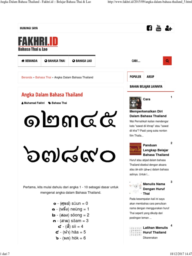 Angka Dalam Bahasa Thailand Fakhri Id Belajar Bahasa Thai Lao Pdf