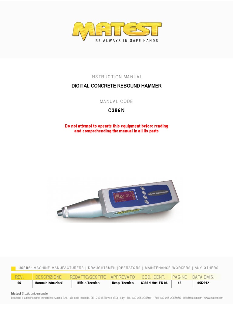 Digital Concrete Rebound Hammer Instruction Manual PDF Safety Calibration