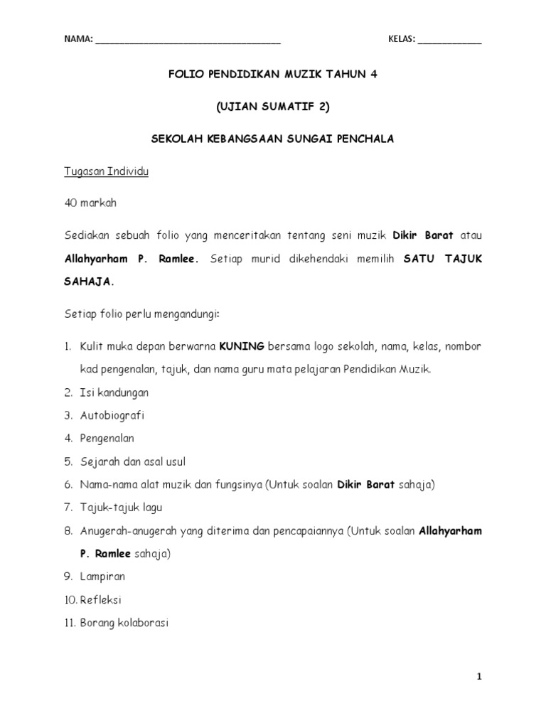 2016 - Folio Pendidikan Muzik Tahun 4  PDF