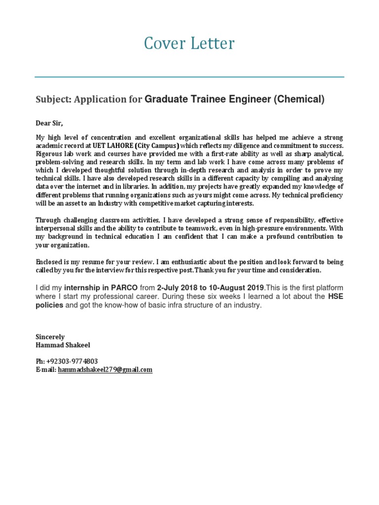 Graduate Trainee Engineer Cover Letter | PDF