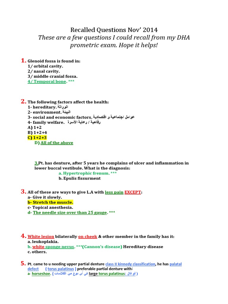 Recalled Questions Nov 2014 PDF Dentistry Diseases And Disorders