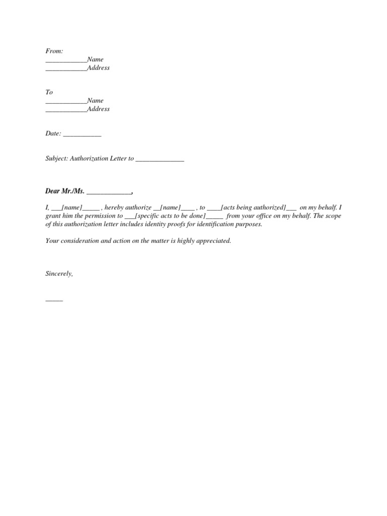 Sample Authorization Letter Template | PDF | Finance & Money Management ...