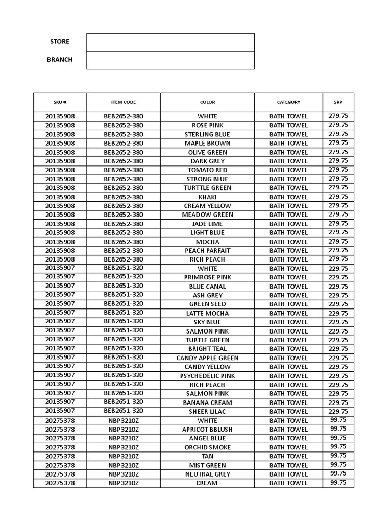 SKU Color Inventory for Bath Towels | PDF | Green | Grey