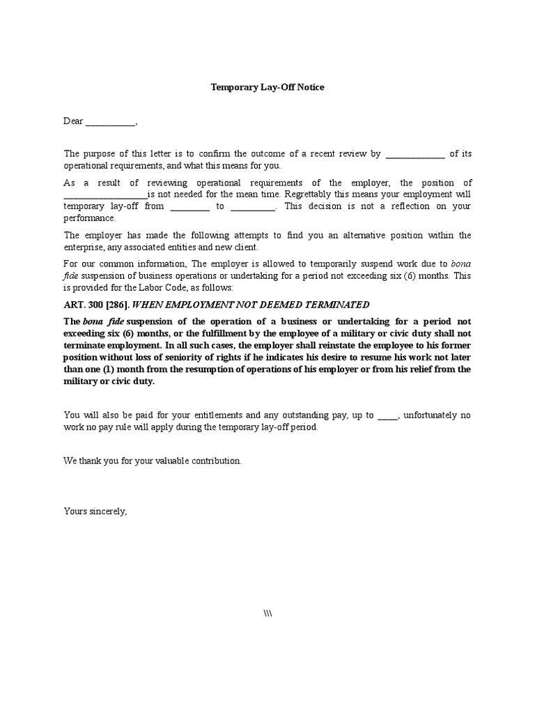 Temporary Lay-Off Notice | PDF | Finance & Money Management