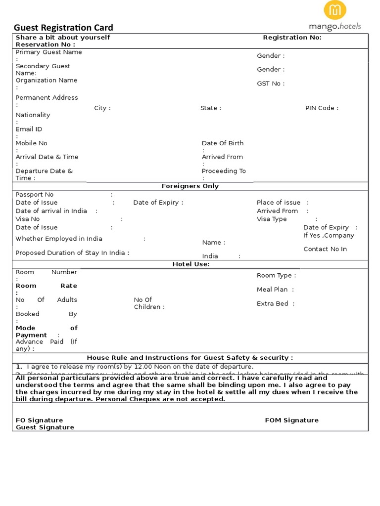 Guest Registration Card Format | PDF | Government And Personhood | Business