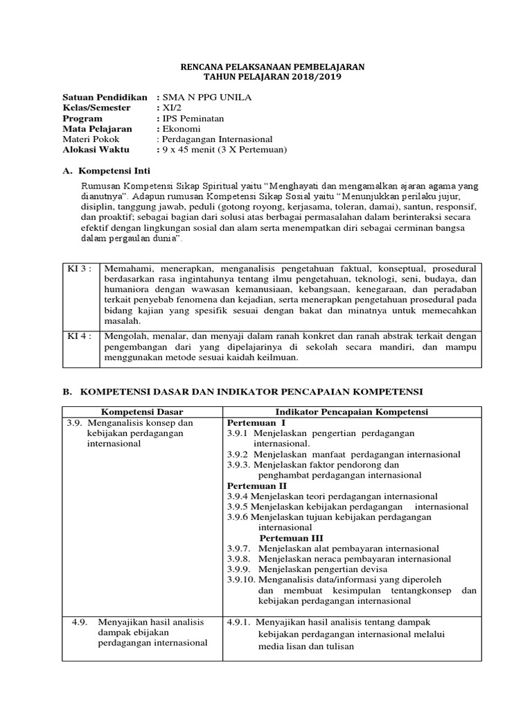 Rpp Kd 3 9 Kls Xi Perdagangan Internasional Versi 2017