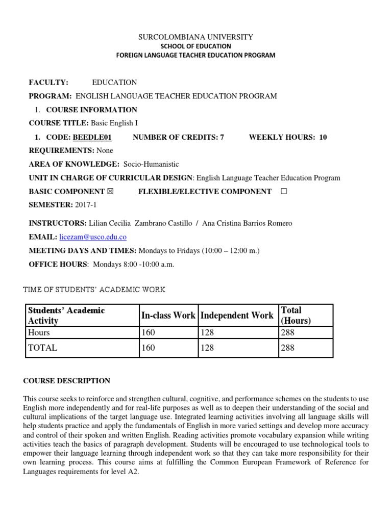 Basic English 1 Course Syllabus - 2019-1 | PDF | Educational Assessment ...