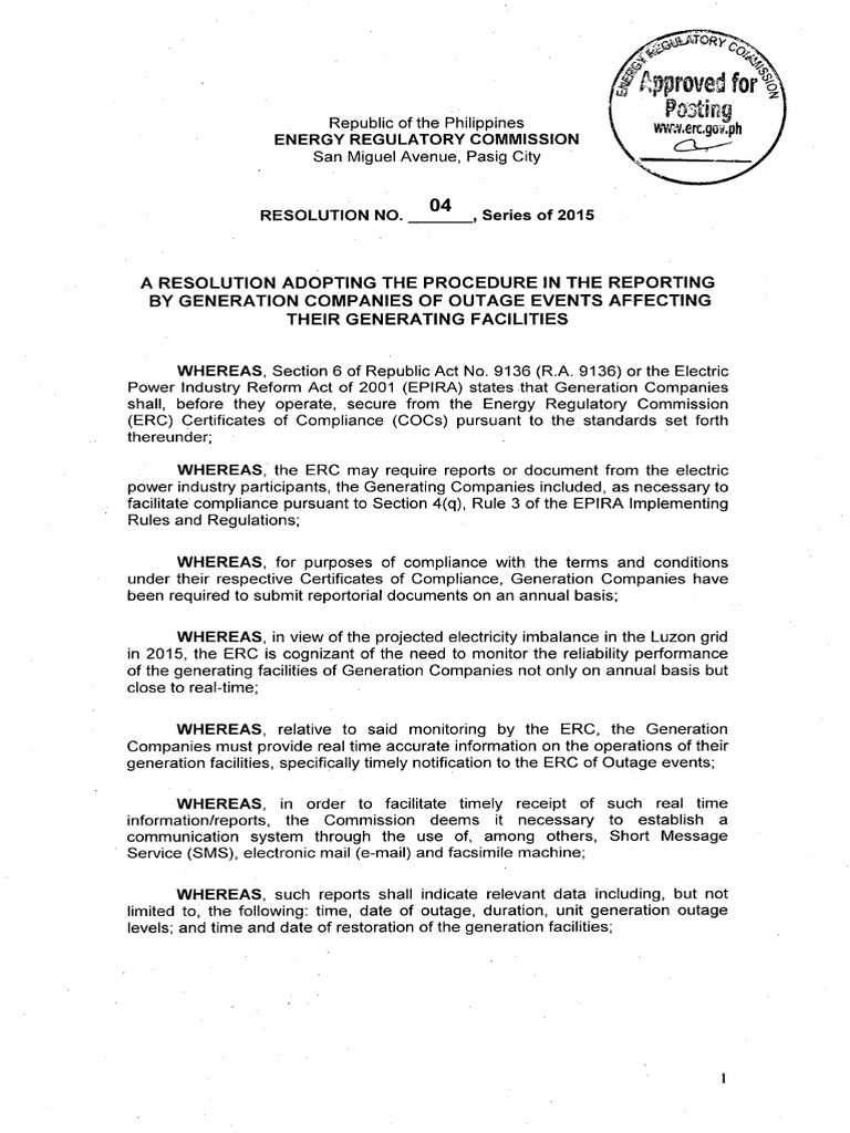 ERC Resolution No. 04, Series of 2015. PDF Regulatory Compliance Electrical Substation