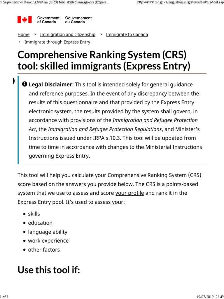 Comprehensive Ranking System (CRS) Tool - Skilled Immigrants (Express ...