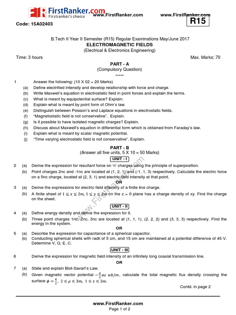 Electromagnetic Fields Exam Paper 2017 | PDF | Magnetic Field ...
