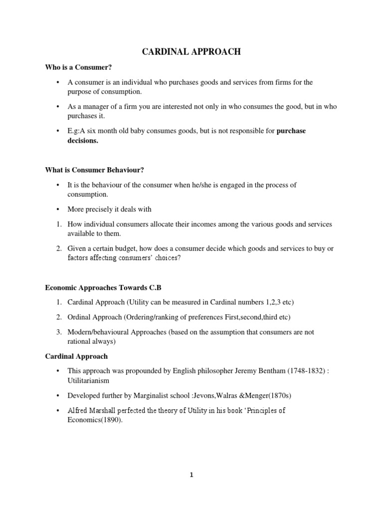 Cardinal Approach to Consumer Behavior | PDF | Economic Surplus | Utility