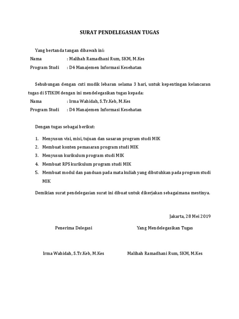 Surat Pendelegasian Tugas Informasi acara dan latar belakang acara.
