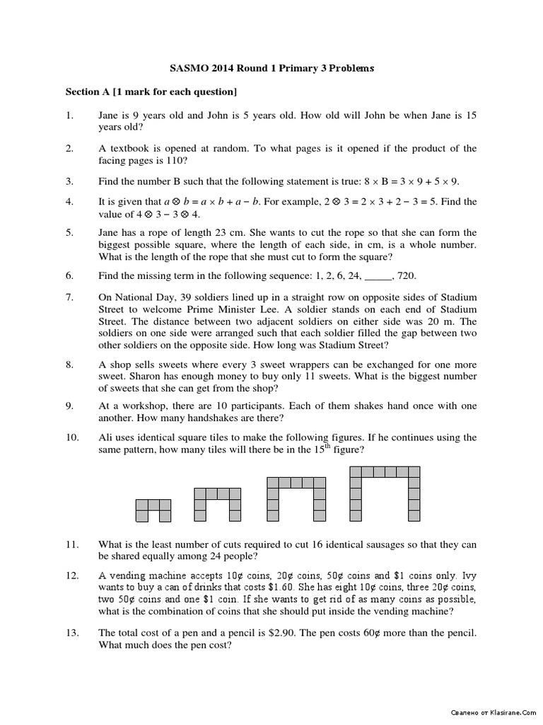 Sasmo 2014 Round 1 Primary 3 Problems Teaching Mathematics