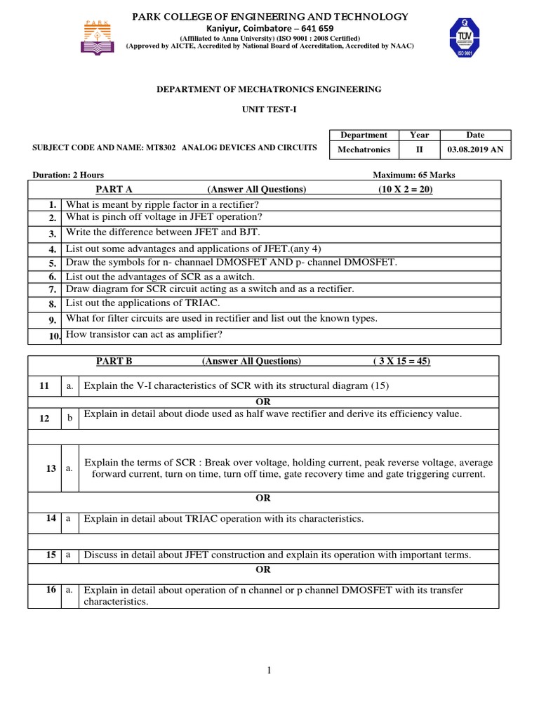 Department of Mechatronics Engineering Unit TestI Subject Code and